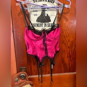 Vintage hot pink silky  black sheer corset top
